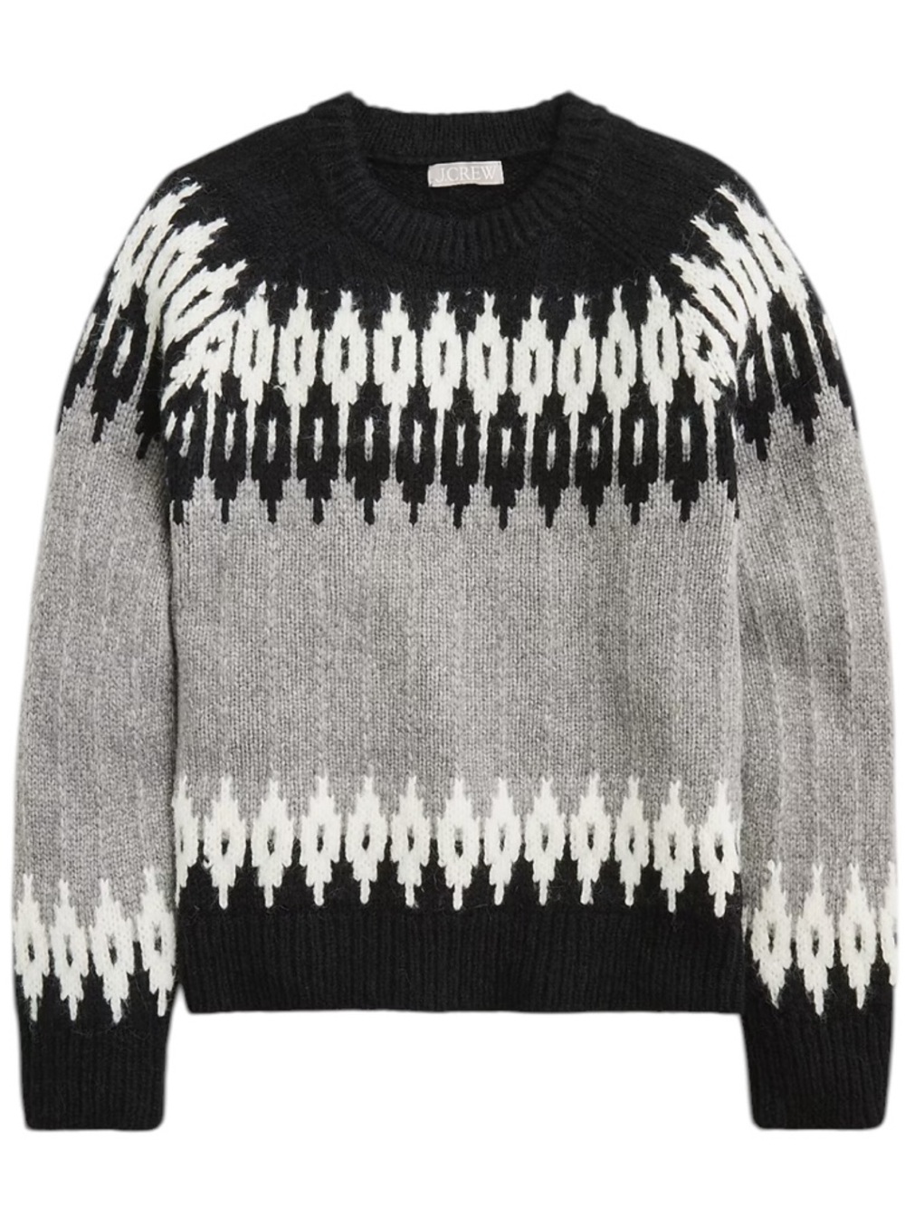 J. Crew Fair Isle Crewneck Sweater Size Small Black Gray Cozy Wool Winter Chunky